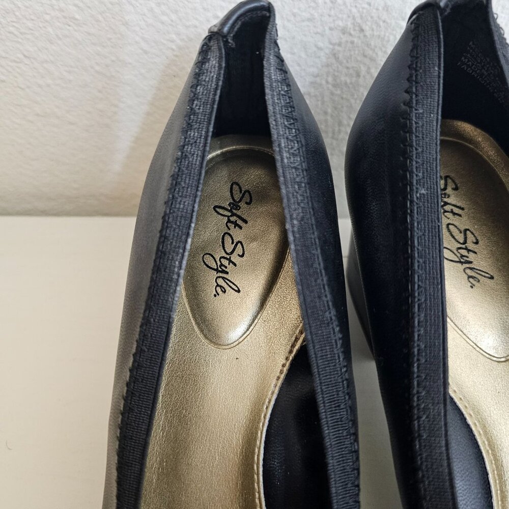 Soft Style Womens Sz 8.5 Black Faux Leather Pump Patent Toe Cap Comfort Shoes - Picture 6 of 10